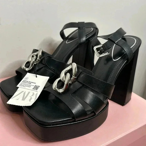 ZARA STRAPPY PLATFORM HEEL SANDALS SIZE 9US Black - Picture 7 of 13
